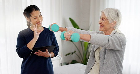 Image showing Physiotherapy tablet, senior happy woman and dumbbell workout, good healthcare results or rehabilitation assessment test. Physical therapy, support or physiotherapist monitor arm exercise of client