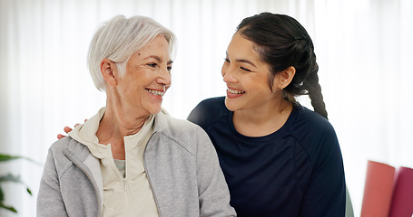 Image showing Happy, portrait of mom and grandmother in home with a smile for family, quality time or relax on mothers day in house. Senior woman, grandma and girl together with happiness, support and love