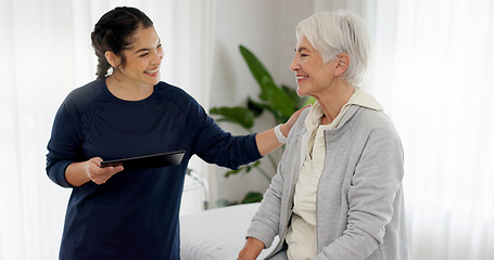 Image showing Consultation, physical therapy and senior woman with a nurse in a medical clinic or rehabilitation center. Healthcare, wellness and elderly female patient talking to a physiotherapist at a checkup.