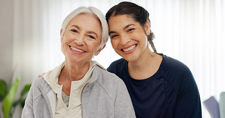 Image showing Happy, portrait of mom and grandmother in home with a smile for family, quality time or relax on mothers day in house. Senior woman, grandma and girl together with happiness, support and love