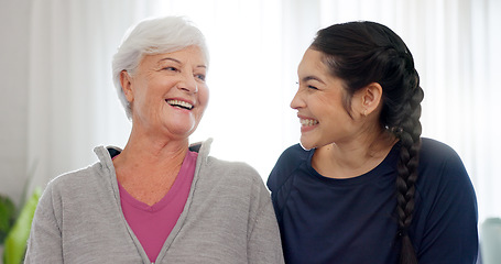 Image showing Happy, portrait of grandmother and mom in home with a smile for family, quality time or relax on mothers day in house. Senior woman, grandma and girl together with happiness, support and love