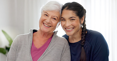 Image showing Happy, portrait of mom and grandmother in home with a smile for family, quality time or relax on mothers day in house. Senior woman, grandma and girl talking together with happiness and love