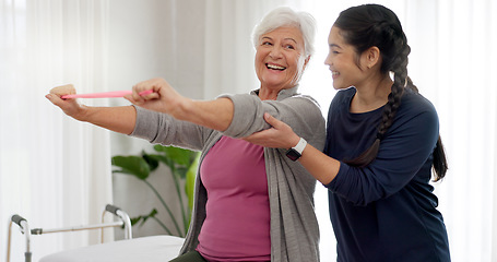 Image showing Physiotherapy, arm stretching band or old woman assessment, exercise or workout for chiropractic rehabilitation. Physical therapy consultation, support or physiotherapist helping senior happy patient