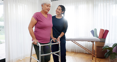 Image showing Physiotherapy, senior woman and walking frame support, Physical therapy consultation and muscle health. Elderly person or patient with disability and nurse, chiropractor or doctor helping in studio