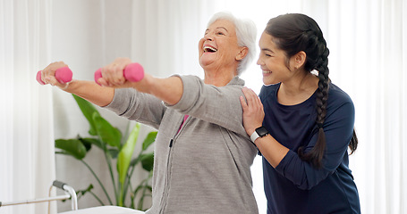 Image showing Senior happy woman, dumbbell or physiotherapist consultation, service and retirement support on recovery rehabilitation. Physiotherapy healing, arm exercise or person helping old patient with workout