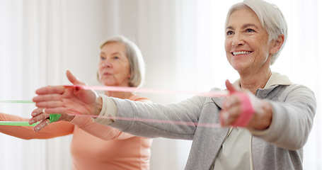 Image showing Band, yoga class and senior happy people stretching, listening and exercise arm for activity, retirement or club. Resistance fabric, pilates and elderly women training, fitness and workout in studio