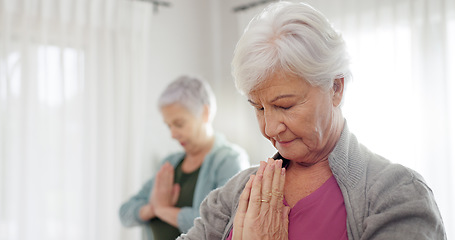 Image showing Senior women, yoga and class with friends and retirement home caregiver with a smile. Fitness, elderly group and workout for wellness and health with nurse in a living room with exercise to relax