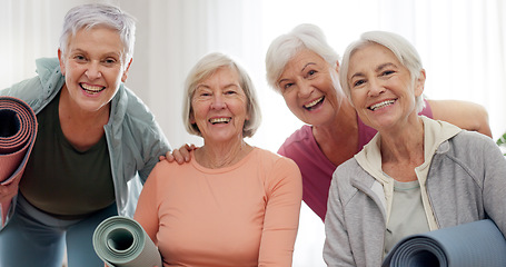 Image showing Yoga, class and face of senior happy people for retirement exercise, club membership and community wellness. Pilates friends, group portrait and elderly women at training, fitness and workout studio