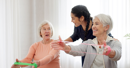 Image showing Band, yoga class and senior happy people stretching, listening and exercise arm for activity, retirement or club. Resistance fabric, pilates and elderly women training, fitness and workout in studio