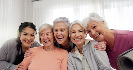 Image showing Yoga class teacher, face and senior happy people for retirement exercise, club membership and team support. Pilates instructor, friends or elderly women smile for training, fitness or active workout