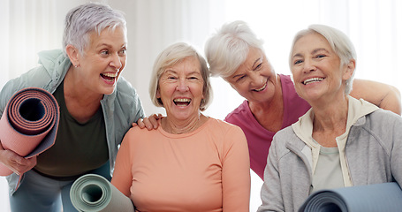 Image showing Yoga, class and face of senior happy people for retirement exercise, club membership and community wellness. Pilates friends, group portrait and elderly women at training, fitness and workout studio