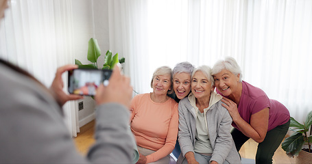 Image showing Senior fitness, women and person with a photo for a yoga, exercise or workout memory together. Smile, group and coach taking picture of elderly friends at a training studio for a class in retirement