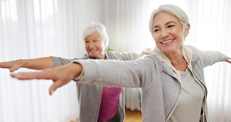 Image showing Exercise, yoga and senior woman friends in a home studio to workout for health, wellness or balance. Fitness, zen and chakra with elderly people training for mindfulness together while breathing