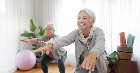 Image showing Fitness, yoga and senior woman friends in a home studio to workout for health, wellness or balance. Exercise, zen and chakra with elderly people training for mindfulness together while breathing