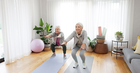 Image showing Fitness, yoga and elderly woman friends in a home studio to workout for health, wellness or balance. Exercise, zen and chakra with senior people training for mindfulness together while breathing