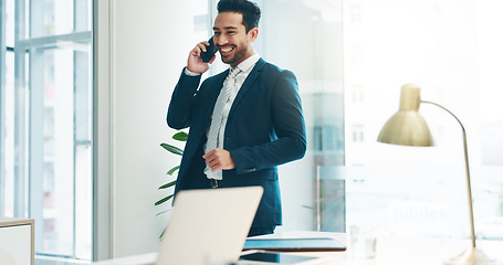 Image showing Business, asian man and phone call communication in office for feedback, negotiation and trading on mobile. Broker, corporate agent and talking on smartphone for contact, consulting and conversation