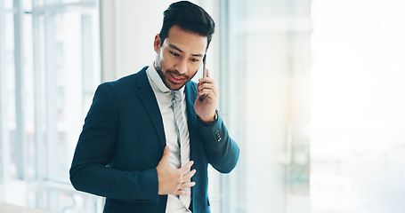 Image showing Phone call, talking and business man in office for planning, discussion and communication. Corporate worker, technology and happy male person speaking on laptop for contact, network and conversation