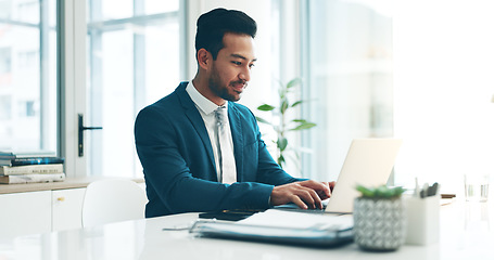 Image showing Business man, suit and typing on laptop for network update, corporate insight and review in law firm. Closeup of lawyer, attorney and working on computer for legal research, planning admin and email