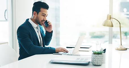 Image showing Phone call, laptop and business man in office for planning, discussion and communication. Corporate worker, technology and male person speaking on computer for contact, network and conversation