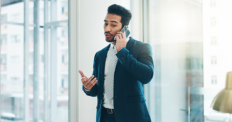 Image showing Business, asian man and phone call communication in office for feedback, negotiation and trading on mobile. Broker, corporate agent and talking on smartphone for contact, consulting and conversation