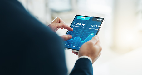 Image showing Hands, tablet and stock market trader for cryptocurrency price, graphs and data on fintech software. Closeup of business man, digital screen and financial trading, investment or infographic of stocks