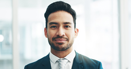 Image showing Happy, professional and face of business man in office for lawyer, corporate and advocate. Pride, smile and attorney with portrait of employee laughing for legal career, happiness and comic