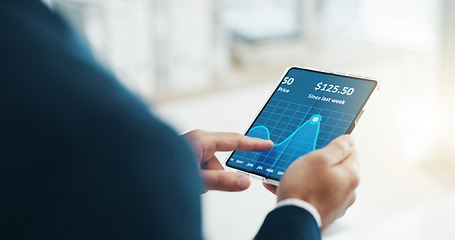 Image showing Hands, tablet and stock market trader for cryptocurrency price, graphs and data on fintech software. Closeup of business man, digital screen and financial trading, investment or infographic of stocks