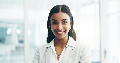 Image showing Smile, professional and face of business woman in office for lawyer, corporate and advocate. Pride, happy and attorney with portrait of employee laughing for legal career, happiness and comic