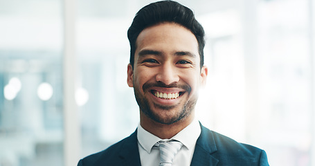 Image showing Happy, professional and face of business man in office for lawyer, corporate and advocate. Pride, smile and attorney with portrait of employee laughing for legal career, happiness and comic