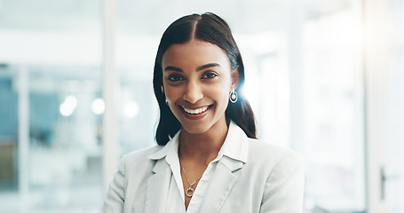 Image showing Smile, professional and face of business woman in office for lawyer, corporate and advocate. Pride, happy and attorney with portrait of employee laughing for legal career, happiness and comic