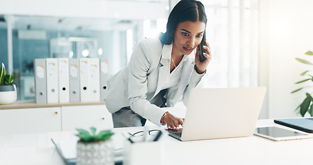 Image showing Phone call, laptop and business woman in office for planning, discussion and communication. Corporate worker, technology and female person speaking on computer for contact, network and conversation