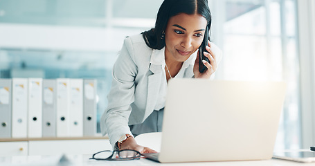 Image showing Phone call, laptop and business Indian woman in office for planning, discussion and communication. Corporate worker, email and female person talking on computer for contact, network and conversation