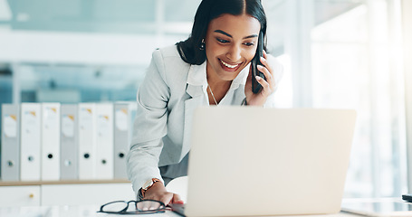 Image showing Phone call, laptop and business Indian woman in office for planning, discussion and communication. Corporate worker, email and female person talking on computer for contact, network and conversation