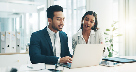 Image showing Businessman, laptop and team in finance discussion, project planning or schedule at office. Asian man and business woman working on computer for corporate statistics or financial plan at workplace