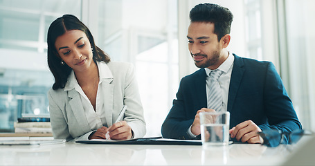 Image showing Contract, deal and business people and partnership and sign agreement in office. Partnership, merger and agreement with businessman writing or sign contract paper for partnership