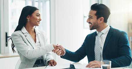 Image showing Contract, interview and business people handshake for recruiting and onboarding in office. Thank you, corporate meeting and collaboration with shaking hands for hiring success and happy employees