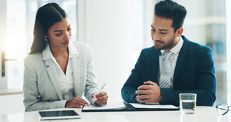 Image showing Contract, deal and business people and partnership and sign agreement in office. Partnership, merger and agreement with businessman writing or sign contract paper for partnership