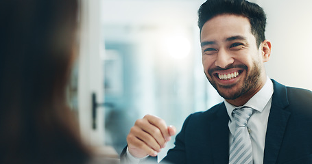 Image showing Happy businessman, laughing and listening to woman for funny joke, humor or comedy at the office. Friendly asian man smile with laugh for fun business discussion, social or conversation at workplace