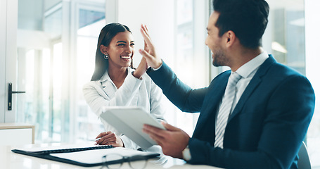 Image showing Tablet, high five and success with business people in an office as a winner team for a career growth. Technology, partnership or promotion with a man and woman employee in celebration of a bonus