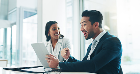 Image showing Tablet, wow and good news with business people in an office as a winner team for a career growth opportunity. Technology, success or promotion with a man and woman employee in celebration of a bonus