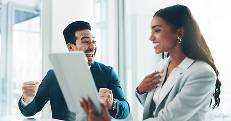 Image showing Tablet, wow and good news with business people in an office as a winner team for a career growth opportunity. Technology, success or promotion with a man and woman employee in celebration of a bonus