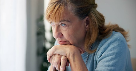 Image showing Depression, sad and senior woman at home with mourning and memory with mental health problem. Elderly female person, sorry and anxiety in a house disappointed in retirement with grief and fail