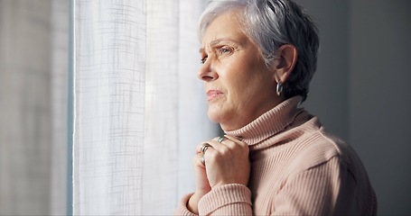 Image showing Depression, sad and senior woman in home with mourning and memory with mental health problem. Elderly female person, sorry and anxiety in house feeling disappointed in retirement with grief and fail