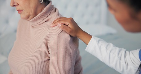 Image showing Comfort, sympathy and closeup of a nurse hand on a woman after a cancer diagnosis in retirement home. Healthcare, consultation and elderly female patient with a doctor at medical checkup in bedroom.