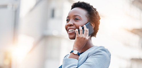 Image showing Business, phone call and black woman in city with smile, conversation and mobile networking on mockup space. Banner, face and happy worker talk on smartphone for contact, chat and thinking in street