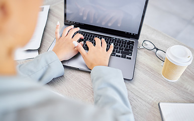 Image showing Hands, laptop and business woman with mockup in home office for design, advertising or marketing space. Keyboard, typing and social media financial influencer with screen for blog content creation