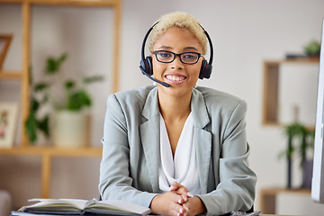 Image showing Call center, portrait and business woman in office consulting for crm, contact us or customer support. Smile, face and female lead generation consultant with friendly, virtual and b2b online help