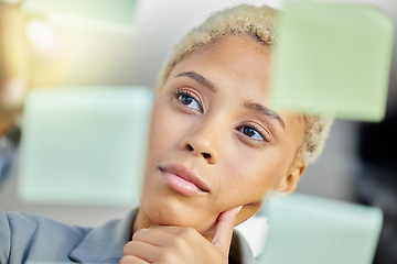 Image showing Thinking, planning and business woman in office with sticky note goal, idea or brainstorm solution. Schedule, goal and lady manager with questions while working on calendar, agenda or growth strategy