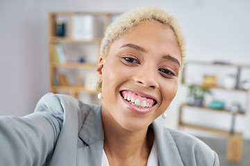 Image showing Business woman, portrait and face of selfie in office for vlog, social media post and about us. Happy female worker smile to update profile picture, memory or content creation for company internship