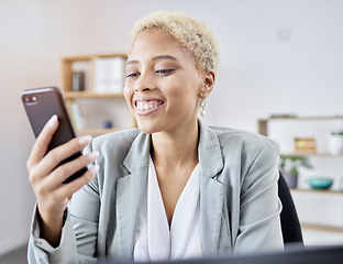 Image showing Phone, smile and business woman in office with message, texting or social media communication. Smartphone, app and happy female with chat, app or online dating, networking or notification at work